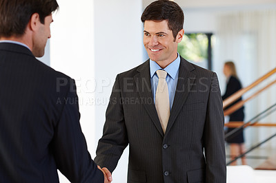 Buy stock photo Businessman, handshake and corporate man with smile in office for partnership, collaboration and deal. Business, agreement and employee or worker with contract, success and welcome for career or job