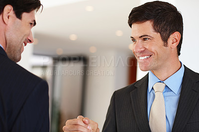 Buy stock photo Businessman, handshake and partners with smile in office for partnership, collaboration and deal. Business, agreement and corporate man with contract, success and welcome for career, job and company