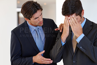 Buy stock photo Business men, talking and disappointed with partner for  stress and problem of occupation for corporate deal. Manager or consultant with advice and sad with headache and worried in career job