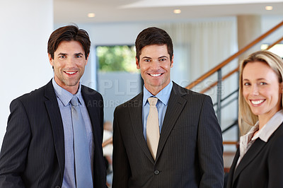 Buy stock photo Business people, team and portrait for meeting in office, corporate group and happy working together. About us, pride and smile for collaboration with insurance brokers and workforce at company
