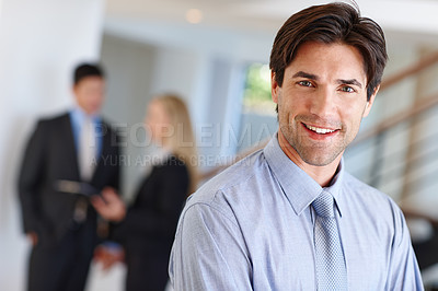 Buy stock photo Man, smile and portrait for career, corporate profession and project management for business goal in company. Manager or consultant with ambition and pride in organisation and happy for work deadline