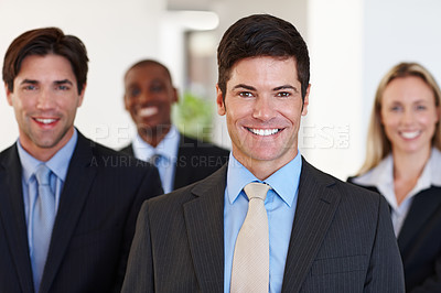 Buy stock photo Happy, portrait and professional teamwork with business people in company on corporate project with confidence. Businessman, leadership and working with staff or clients in office with pride