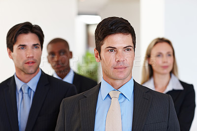 Buy stock photo Businesspeople, diversity or confidence in office with suits for work, international or vision or looking. Group of people, formal or company for realtor or property, team or career in real estate
