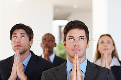 Buy stock photo Business people, pray and audience for gratitude, religion and faith for company venture to complete professional project. Group or coworker with trust and belief in organisation at corporate event  