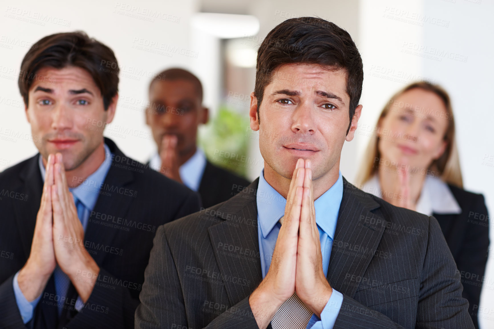Buy stock photo Business people, praying and team portrait with hope for help in company to finish professional project. Colleague or coworker with hand together for wish, begging or pray for opportunity or support