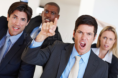 Buy stock photo Portrait, team and diversity in office for angry with crisis, equal rights and pay dispute. Stress, shouting and face of global business people with union for problem, upset and benefits in workplace