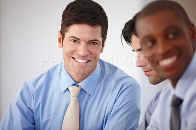 Buy stock photo Business man, meeting and diversity in office with portrait for teamwork, startup project and investment. Corporate men, brainstorming and planning together for work, collaboration and strategy