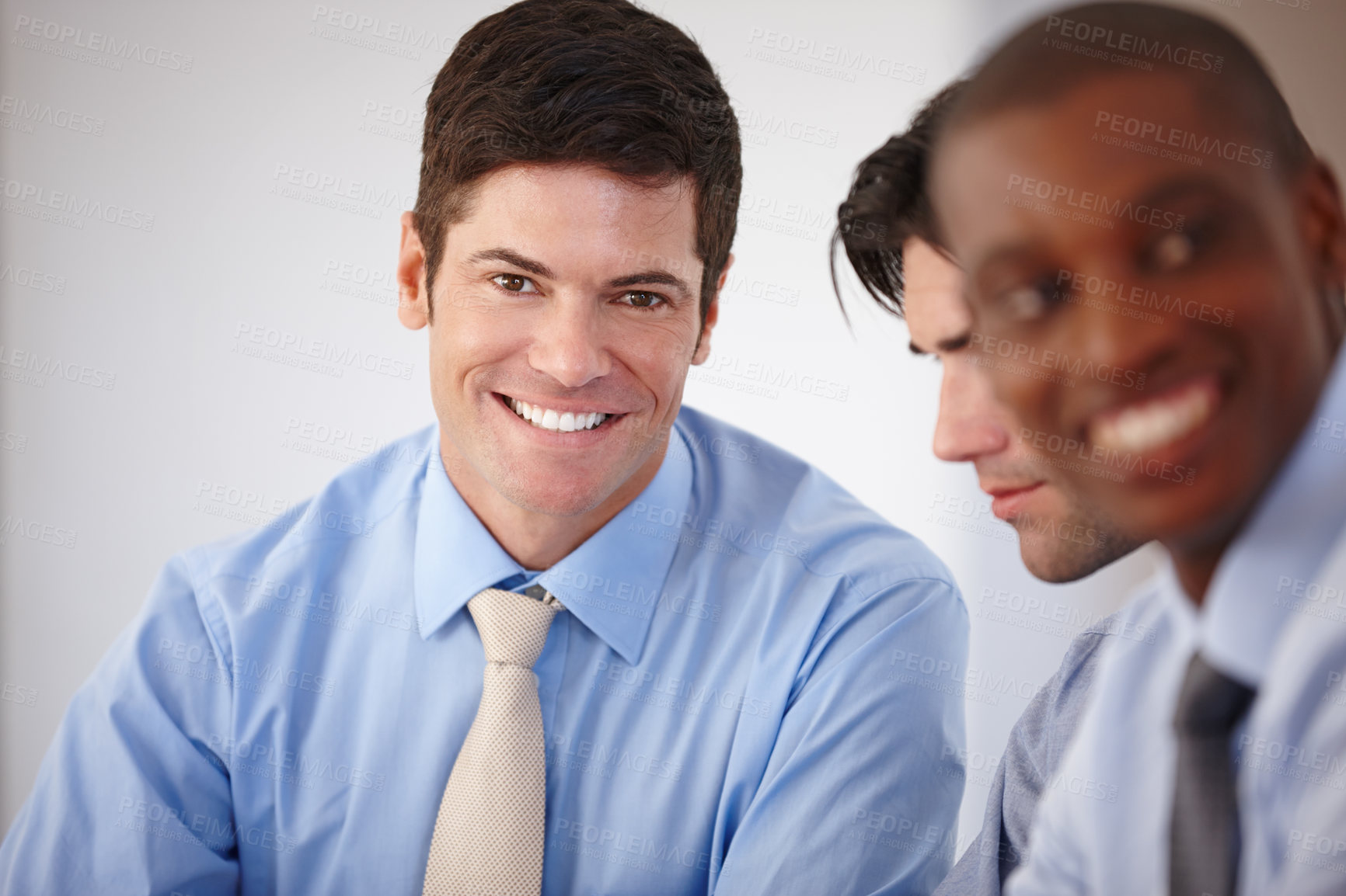 Buy stock photo Business man, meeting and diversity in office with portrait for teamwork, startup project and investment. Corporate men, brainstorming and planning together for work, collaboration and career