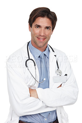 Buy stock photo Portrait, medical doctor and happy with confidence for profession, diagnosis and treatment in white background. Male person, medic and stethoscope for healthcare, wellness and medicine in backdrop