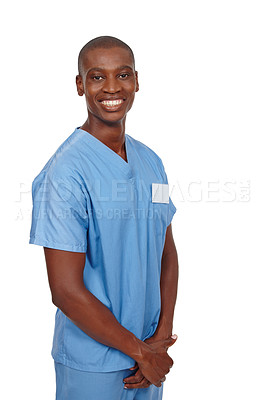 Buy stock photo Portrait, African man and nurse in studio, smile and white background for medical, diagnosis and treatment. Male person, happy and medic, confident and healthcare for medicine or hospital in backdrop