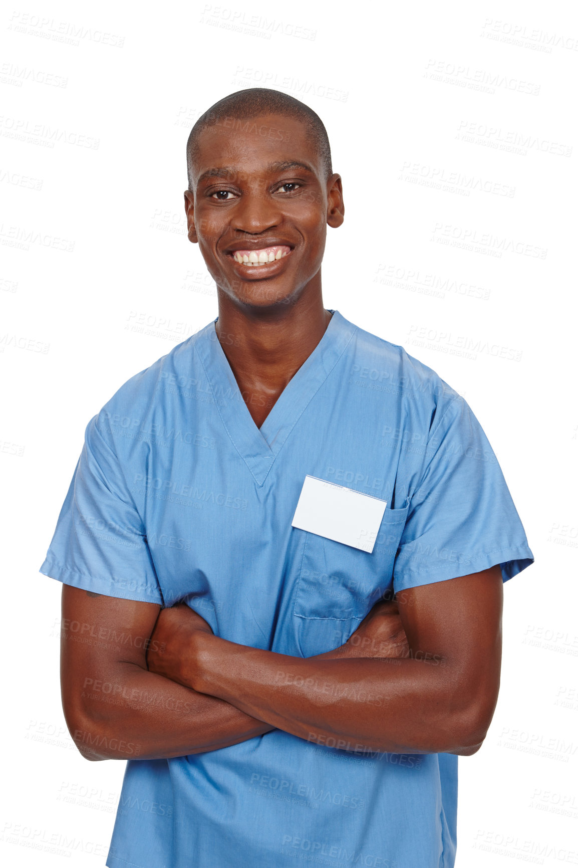 Buy stock photo Studio shot of a young doctor in blue scrubs