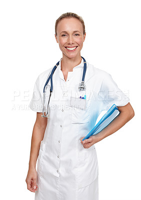 Buy stock photo Happy, nurse and documents in portrait with stethoscope for medical care, help and support in studio. Smile, woman and healthcare worker with paperwork for insurance, consulting and medicine