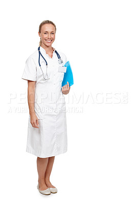 Buy stock photo Portrait, clinical nurse and happy with folder for patient, information and records for medical, diagnosis and treatment. Female person, medic and stethoscope for healthcare, nursing and medicine