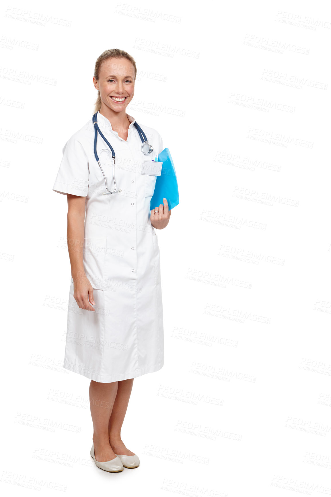 Buy stock photo Portrait, clinical nurse and happy with folder for patient, information and records for medical, diagnosis and treatment. Female person, medic and stethoscope for healthcare, nursing and medicine