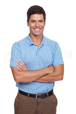 Buy stock photo Happy, man and sales representative with arms crossed in portrait for confident target isolated in studio. Smile, businessman and trust for retail challenge or startup goal on white background