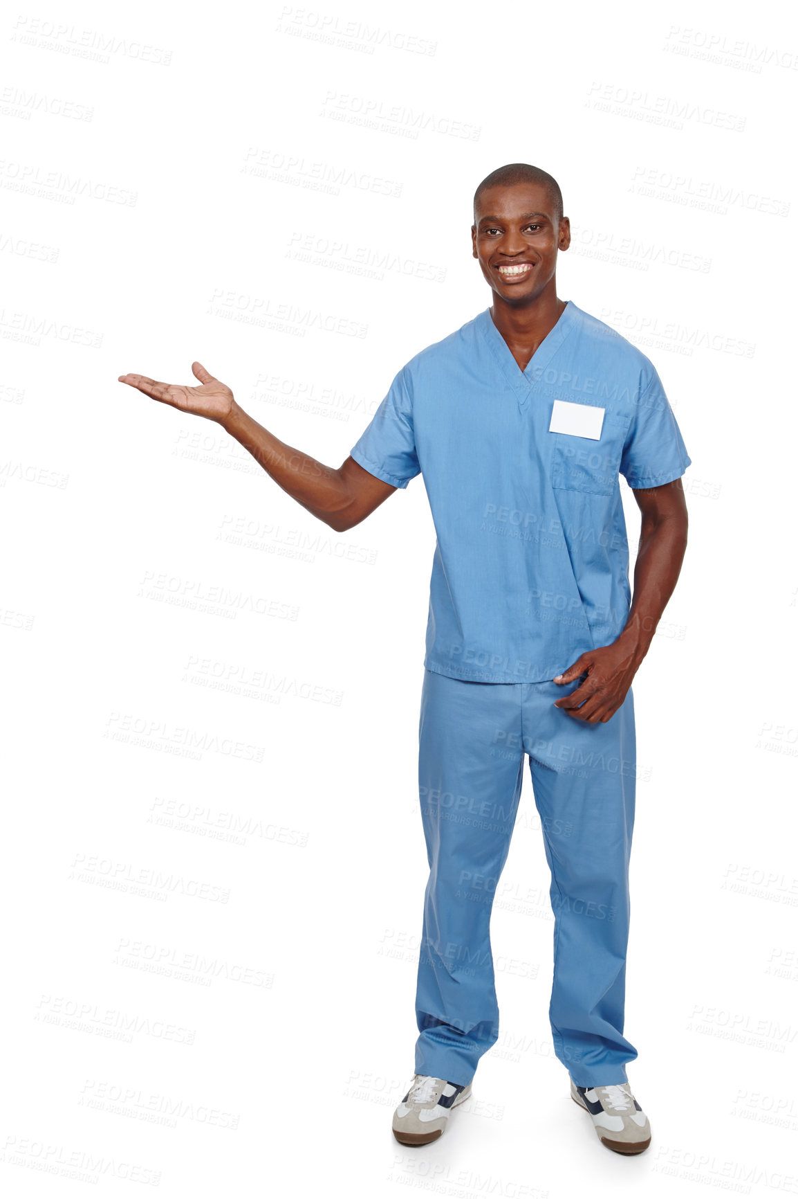 Buy stock photo Studio shot of a young doctor in blue scrubs