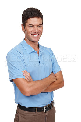 Buy stock photo Studio shot of a casually dressed young man standing with his arms crossed