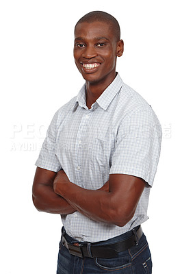 Buy stock photo Portrait, confident or man as smile, ambition or opportunity of education and scholarship. Happy, black student or arms crossed as ready to solve, question or assertive in deciding employment