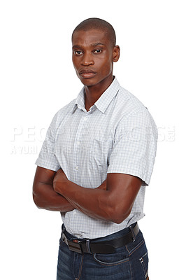 Buy stock photo Portrait, confident or black student as career, ambition or opportunity of education and scholarship. Serious, man or arms crossed as ready to solve, question or assertive in deciding employment