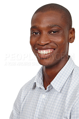 Buy stock photo Portrait, confident or black man as smile, ambition or opportunity of education and scholarship. Happy, student or hope as faith to reach, future or goals by looking assertive in deciding employment