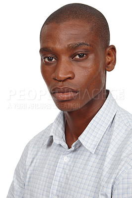 Buy stock photo Portrait, confident or black man as determined, ambition or opportunity of education and scholarship. Serious, student or ready to solve, question or assertive in remembering, deciding or employment