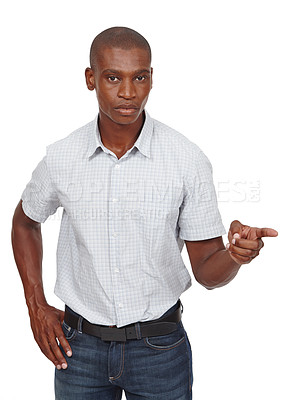 Buy stock photo Portrait, black man and choice by white background for decision with announcement, advertise and finger. Info, alone and face of isolated male person pointing in studio for commercial, show and sign