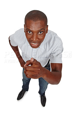 Buy stock photo Portrait, angry or black man by pointing, hey you or accountability to stop, protest or warning. African guy, shake or finger to fight, sign or wrong of mistake, fail or negative opinion of results