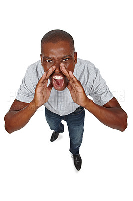 Buy stock photo Portrait, angry or black man to shout at you as feedback, accountability or review of bad service. Guy, customer or crm to complain, protest or upset as frustration at wrong, fail or negative opinion