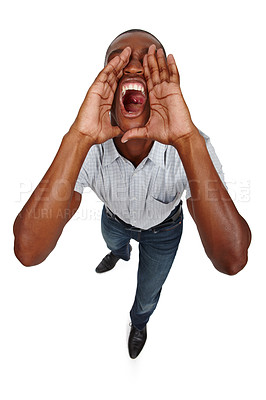 Buy stock photo High angle shot of a young man shouting