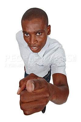 Buy stock photo Portrait, angry or black man by warning, hey you or accountability to stop, protest or caution. African guy, pointing or not allowed to order, discipline or mad at mistake, fail or negative opinion