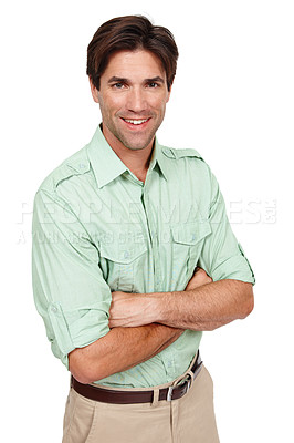 Buy stock photo Happy, businessman and arms crossed in portrait for career, work or job opportunity in studio. Confident and professional  man with smile and positive worker in casual style on white background