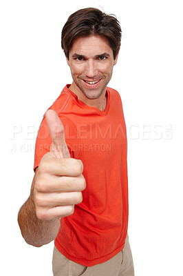 Buy stock photo Man, portrait and thumbs up for ok in studio, yes and motivation for winner on white background. Male person, support and like emoji for agreement or success, promotion and great or thank you icon