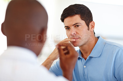 Buy stock photo Businessmen, thinking and talking in portrait for corporate proposal in office. Manager and employee, discussion with teamwork for planning, communicaton and collaboration on corporate project