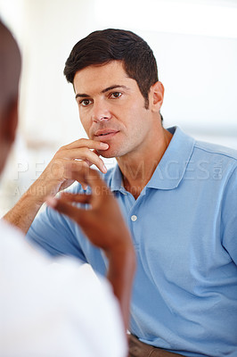 Buy stock photo Portrait of businessman, talking and thinking for company proposal in office. Coworker and boss, teamwork for planning, collaboration and communication on company project in corporate workplace