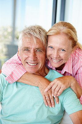 Buy stock photo Senior, couple and portrait with happiness or hug for support, commitment or healthy marriage and retirement. Elderly, man and face of woman with smile for embrace, relax or affection in relationship