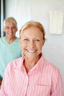 Buy stock photo Portrait, mature and couple in house with happiness, retirement and pensioner at home. Senior man, woman and smile in indoor in relationship, together and married as family, connection and love