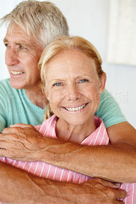 Buy stock photo Senior, couple and portrait with smile or embrace for support, commitment or healthy marriage and retirement. Elderly, man and face of woman with happiness for hug, trust or affection in relationship