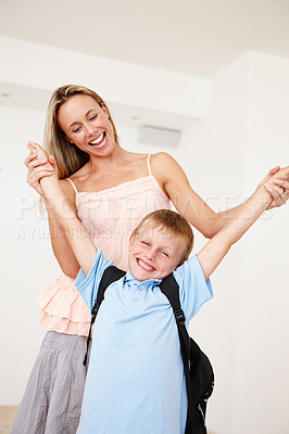 Buy stock photo Happy, mother and boy with excited, fun and cheerful for first day of school in house or apartment. Woman, male child and home in joyful, playful and backpack for learning, development and growth