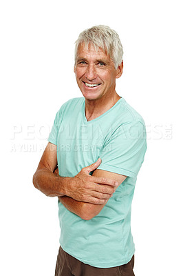 Buy stock photo Senior man, portrait and happy in studio with arms crossed, confidence and pride for fashion, clothes and trendy. Mature male, smile and experience with wisdom on isolated white background for style