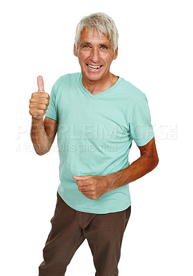 Buy stock photo Happy, portrait and senior man with thumbs up support in studio for feedback, vote or opinion on white background. Smile, face and elderly male model with hand emoji for winner, success or promotion