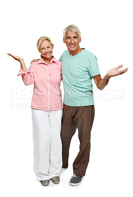 Buy stock photo Senior couple, portrait and shrug shoulders in studio for advertising, marketing and choice. Mature people, happy and showing for advert, commercial and promotion on isolated white background