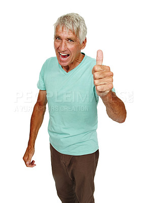 Buy stock photo Happy, portrait and excited senior man with thumbs up support in studio for feedback, vote or opinion on white background. Ok, face or old male model with hand emoji for winner, success or promotion