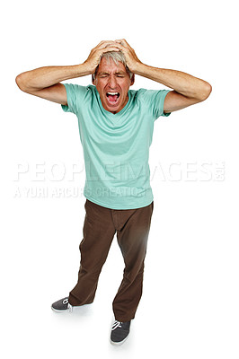Buy stock photo Stress, shouting or senior man in studio for mistake, headache or mental health disaster on white background. Anxiety, fear or old male model screaming, overthinking or frustrated by brain fog crisis