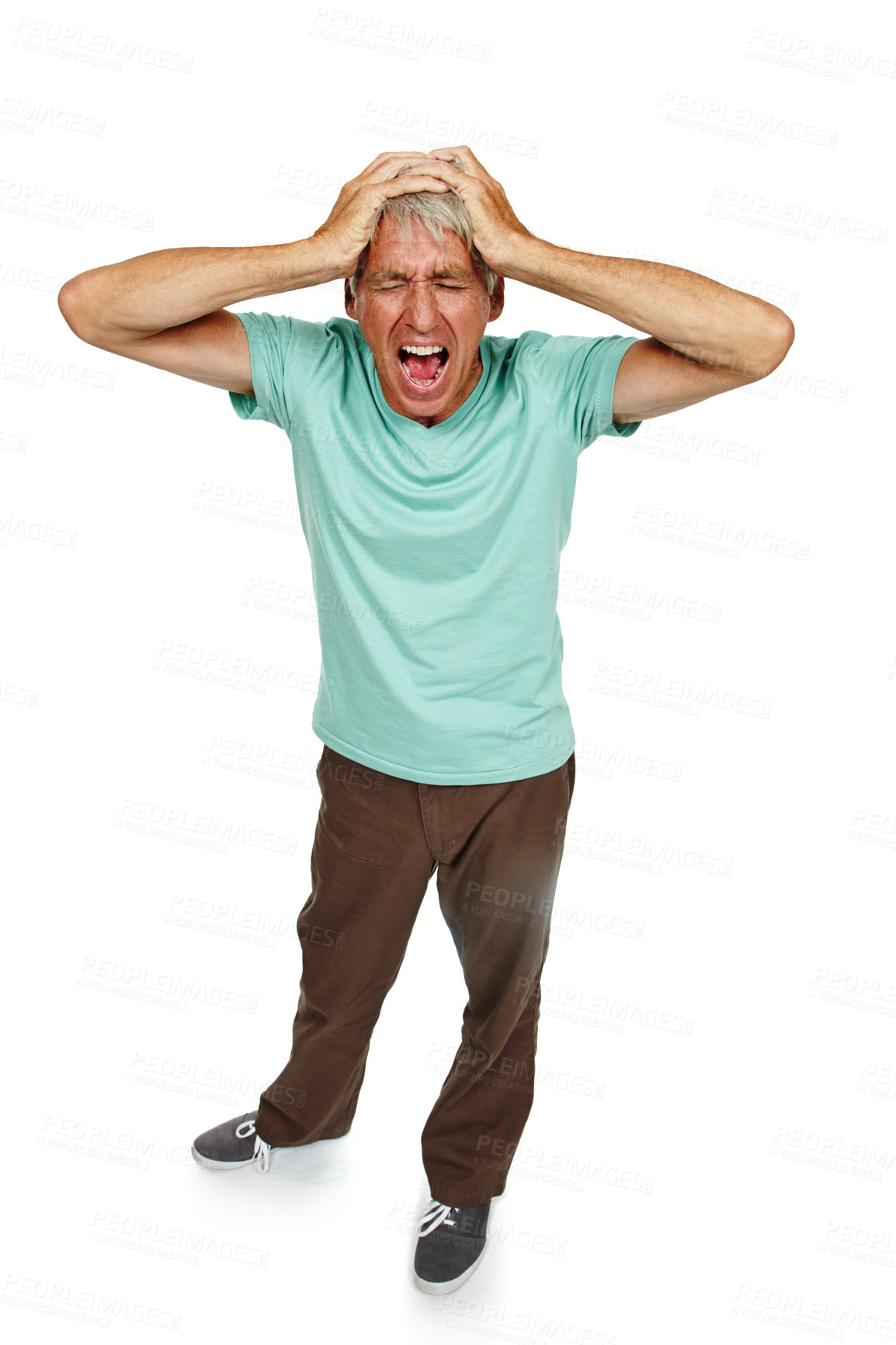 Buy stock photo Stress, shouting or senior man in studio for mistake, headache or mental health disaster on white background. Anxiety, scared or old model scream in fear for memory loss, dementia or Alzheimer crisis