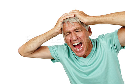 Buy stock photo Screaming, stress or senior man in studio with headache, mistake or mental health disaster on white background. Anxiety, fear or old guy model shouting, overthinking or frustrated by brain fog crisis
