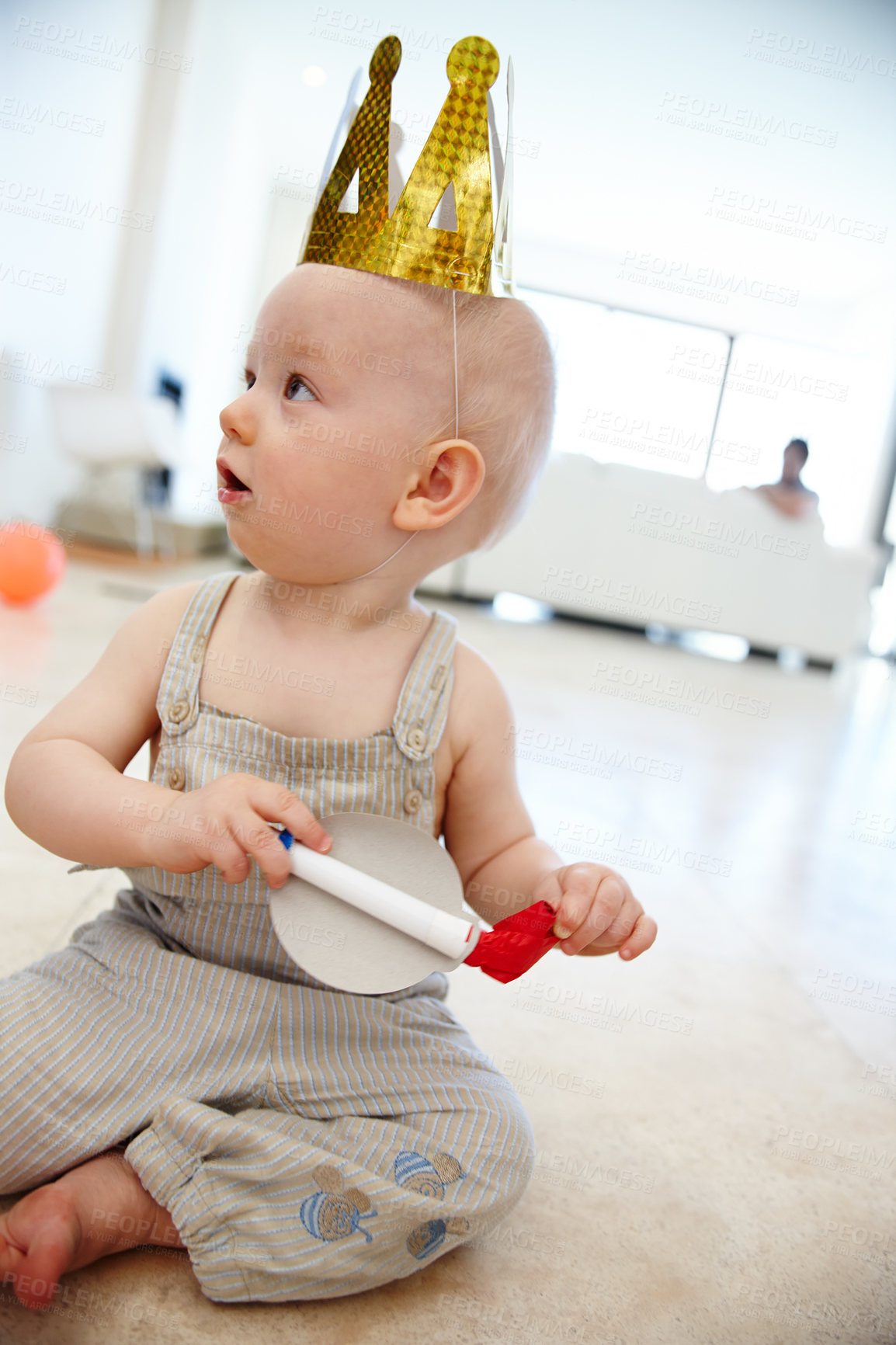 Buy stock photo Baby, birthday and party in house with crown hat for child development, growth and celebration. Infant, special day and floor with kid in family home for happiness, motor skills and growing up