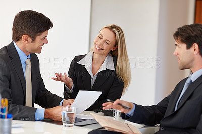 Buy stock photo Business people, lawyers and discussion on paperwork, teamwork and brainstorming on project in office. Colleagues, collaboration and coworking by talking on ideas, documents and plan in meeting