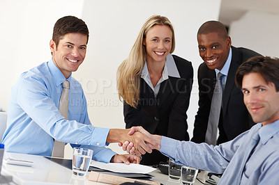 Buy stock photo Business people, portrait and handshake for hiring or thank you in office, meeting and introduction. Colleagues, partnership and welcome for recruitment, contract and deal for onboarding in interview