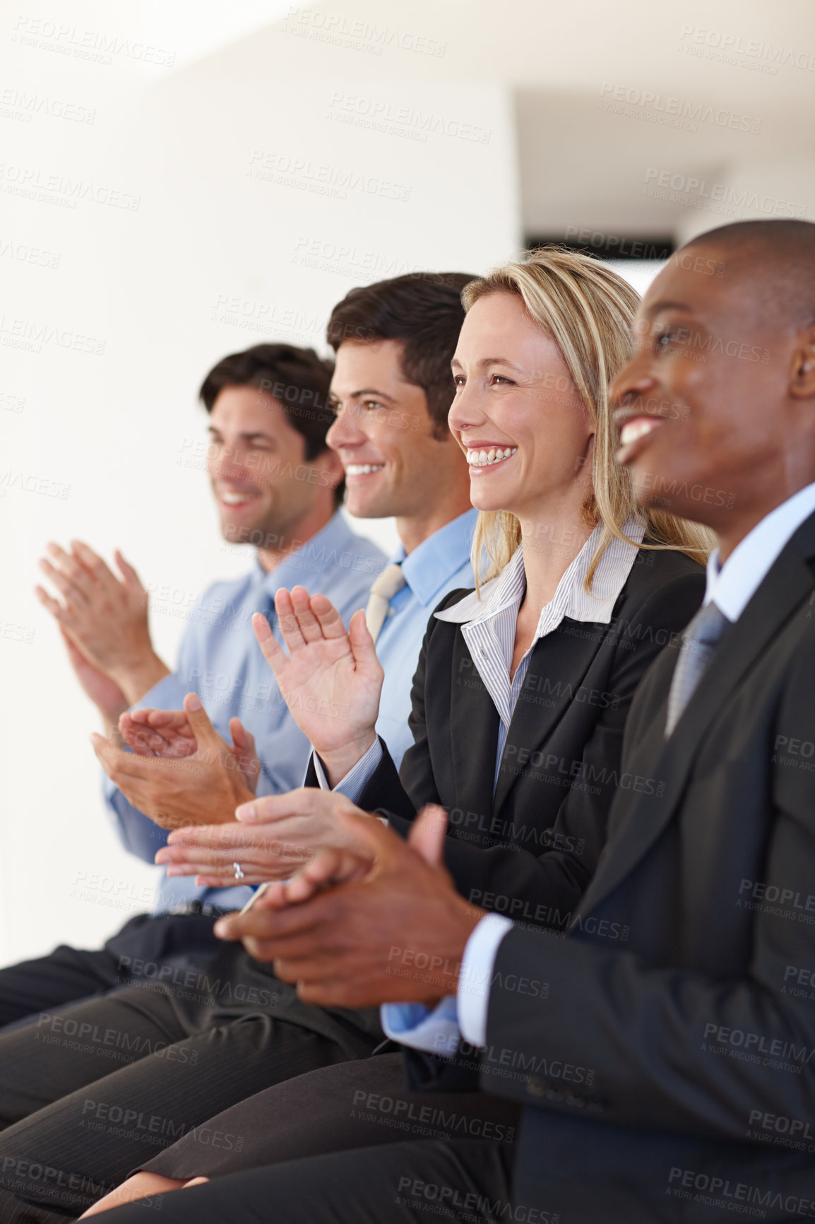 Buy stock photo Business people, audience and clap for success at workshop, event and conference for training. Employees, team and applause for motivation or praise for achievement, cheering and support in office