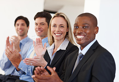 Buy stock photo Business people, audience and clapping for success at meeting, event and conference for training. Employees, team and applause for motivation or praise for achievement, cheering and support in office